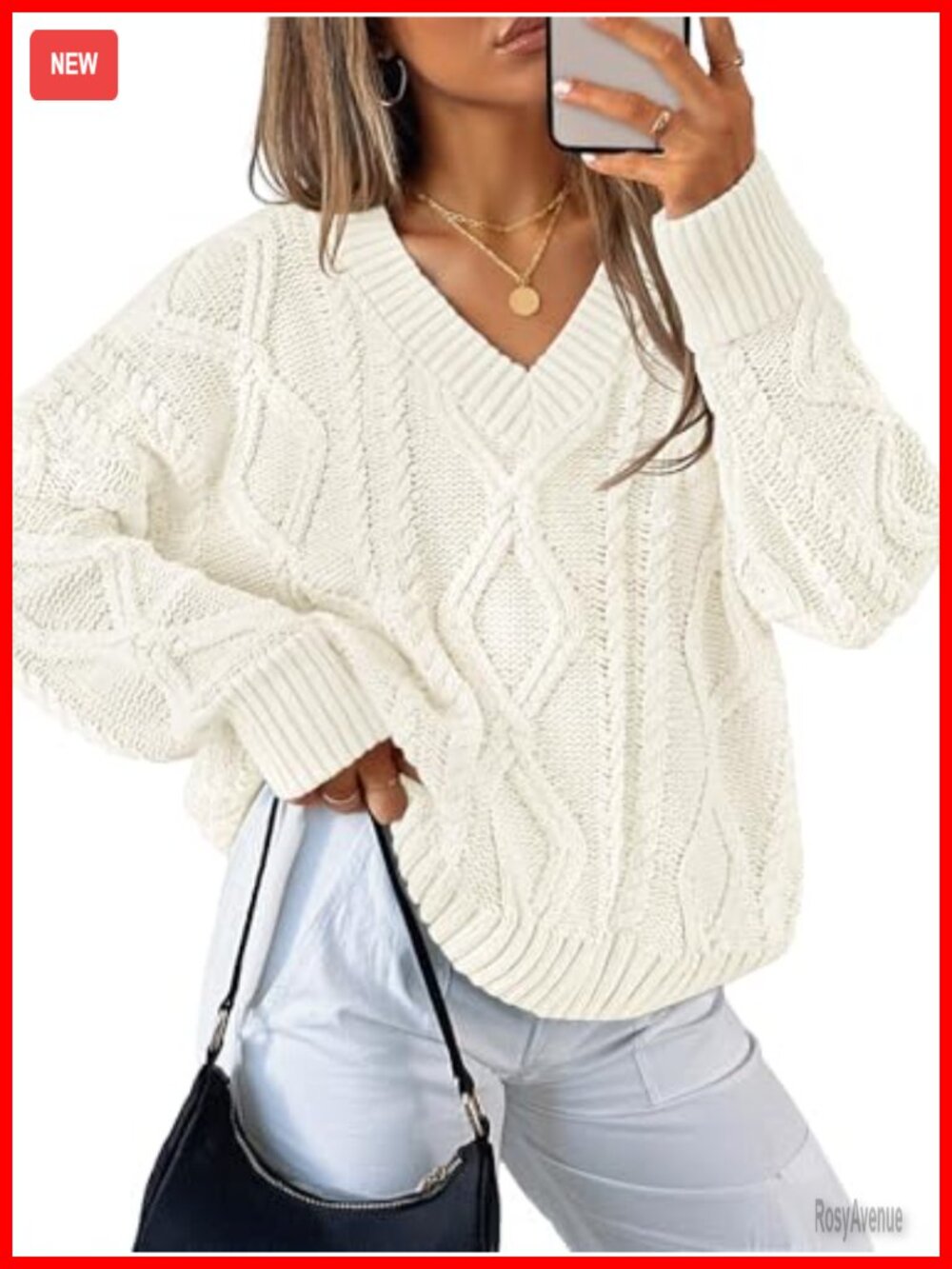 Cable Knit Oversized V-Neck Pullover Sweater Long Sleeve